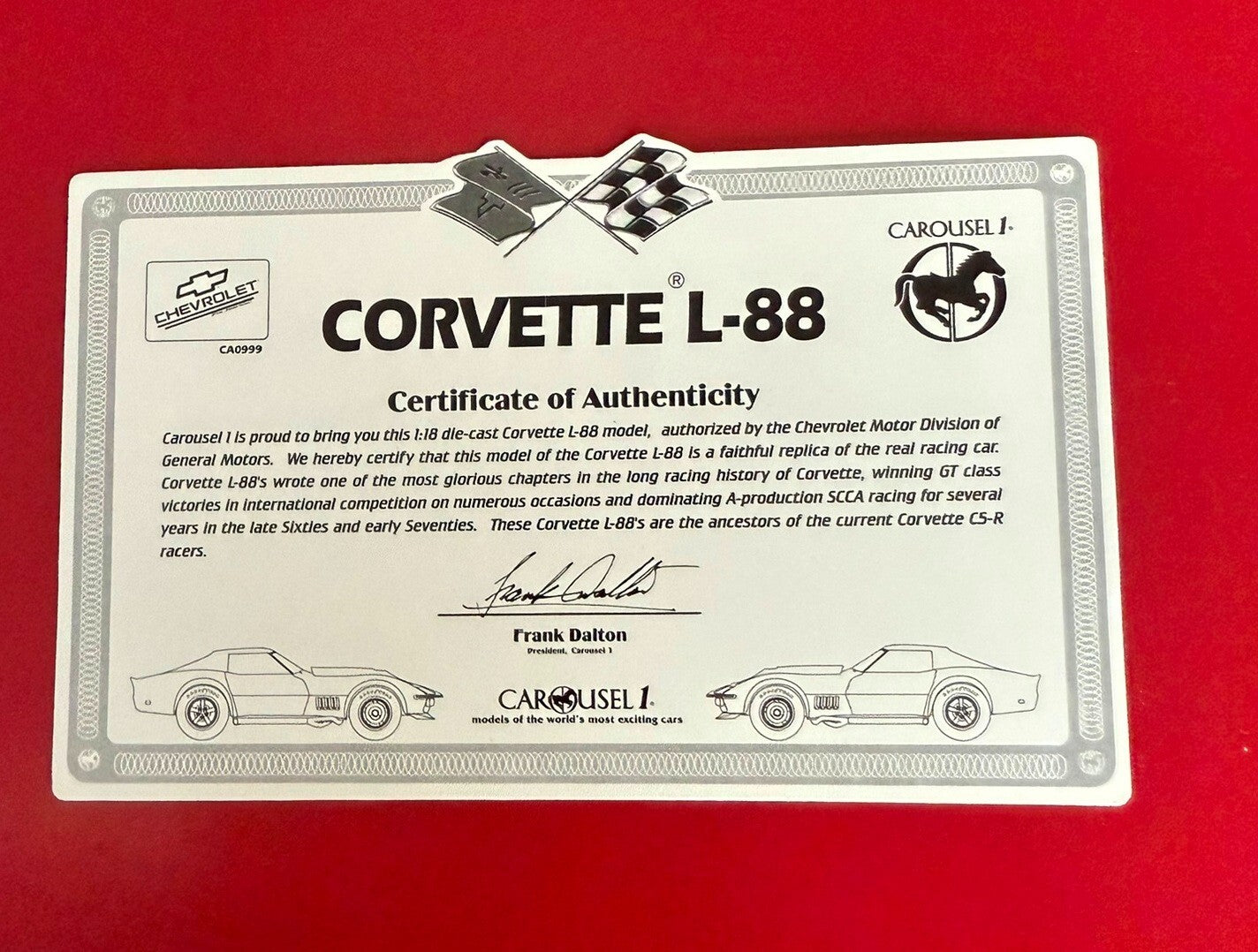 CAROUSEL 1. CORVETTE L-88. #1 TONY DELORENZO. 4604. 1/18 SCALE.