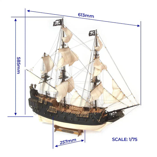 OcCre The Black Swan 12012 wooden pirate ship model dimensional diagram showing the completed 1:75 scale vessel with masts, sails and detailed hull.