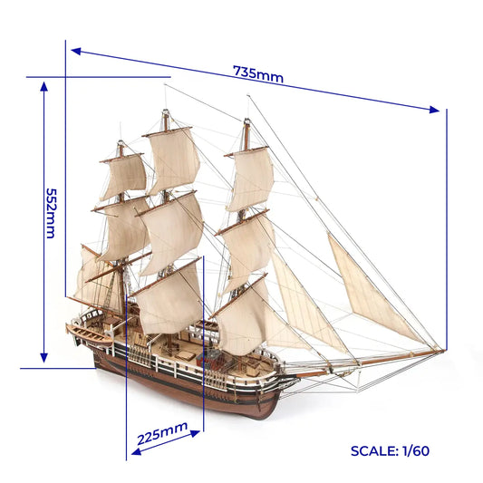 OcCre Essex 12006 wooden whaling ship model dimensional diagram showing the completed 1:60 scale vessel with detailed hull, sails and rigging.