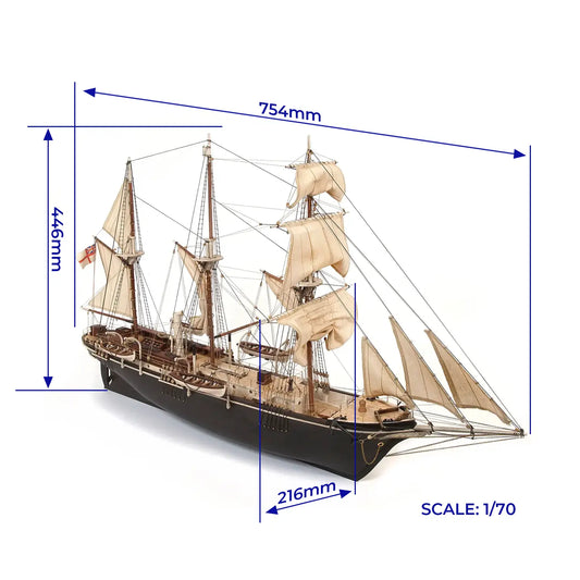 OcCre HMS Endurance 12008 wooden ship model kit, 1:70 scale, showing the completed model with dimensional measurements and detailed rigging.