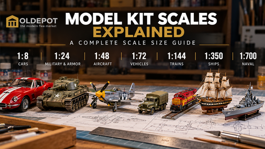 Model kit scale guide showing cars, armor, aircraft, trains, and ships in common modeling scales.