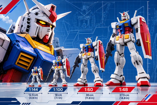 Gundam-style mecha model scale comparison showing 1:144, 1:100, 1:60 and 1:48 models from smallest to largest.