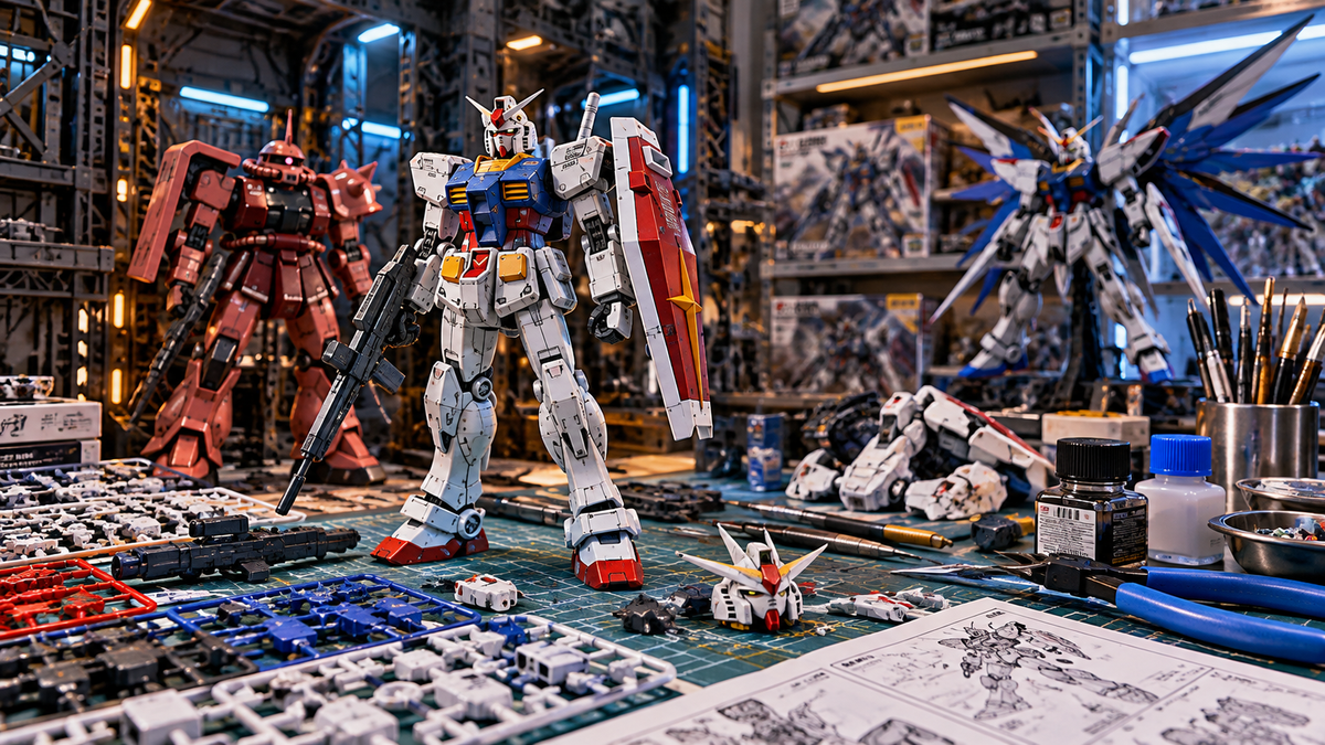 Gundam, Gunpla and mecha model kits with parts and building tools on a hobby workbench