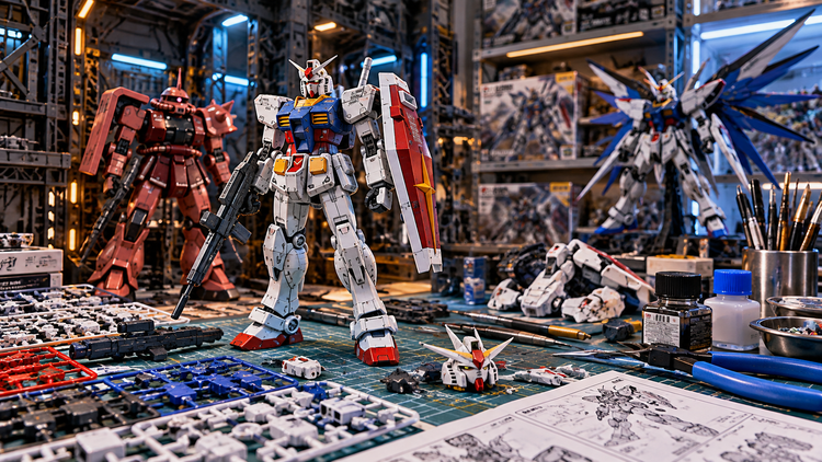Gundam, Gunpla and mecha model kits with parts and building tools on a hobby workbench