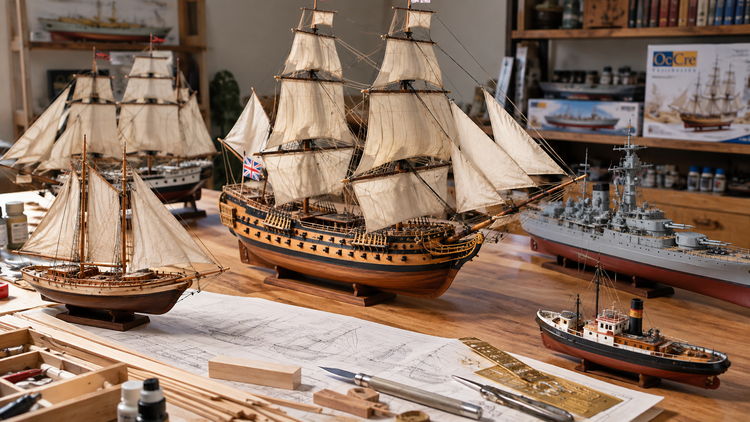 Model ship kits including wooden sailing ships and plastic scale ship models