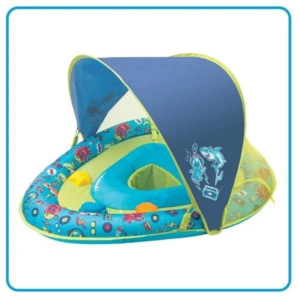 Swim School Grow-With-Me Baby Boat Pool Toy Blue Shark Adjustable w Canopy
