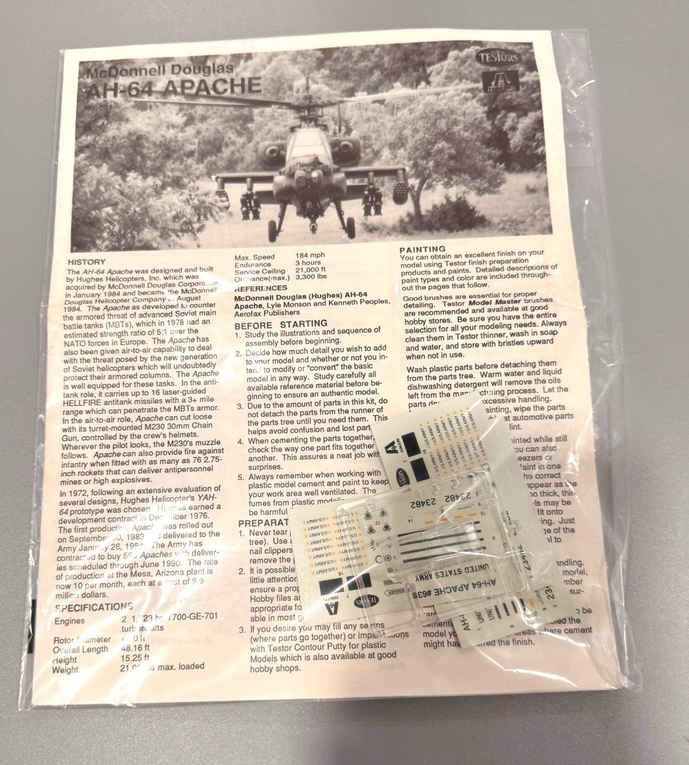 TESTORS McDonnell Douglas AH-64 Apache Original Instructions Decal Sheet Canopy.