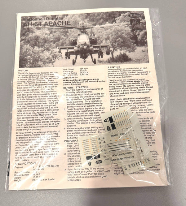 TESTORS McDonnell Douglas AH-64 Apache Original Instructions Decal Sheet Canopy.