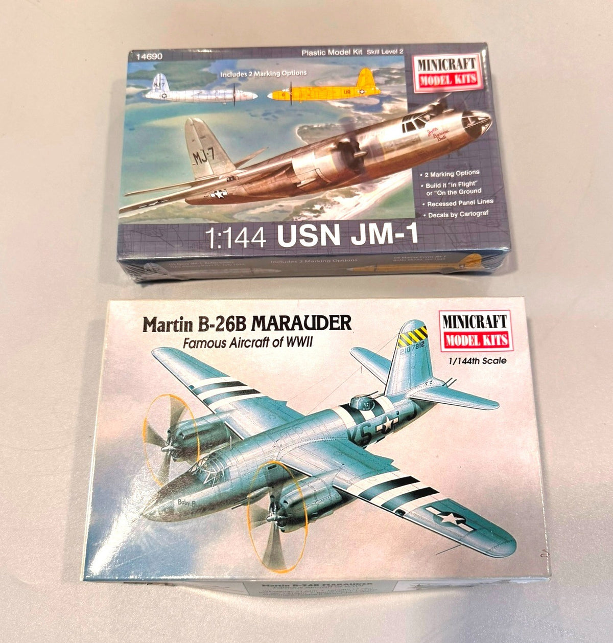 Minicraft USN JM-1 & Martin B-26B Marauder WWII Aircraft 1/144 scale. Lot of 2.
