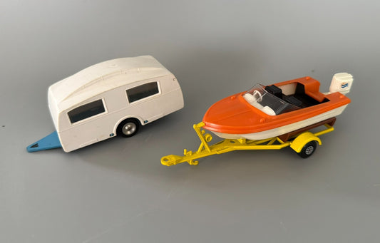 Matchbox King Size Boat & Solido Caravan Trailer Set Vintage 1970s 1:43 Scale