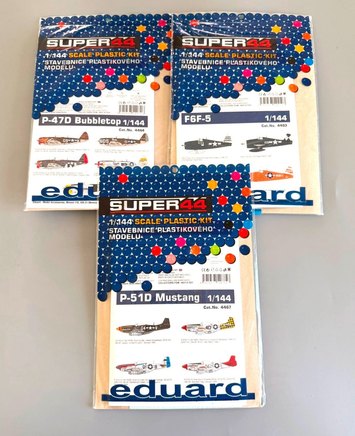 Lot of 3 Eduard Super44 1/144 P-47D P-51D Mustang F6F-5 Aircraft Model Kits