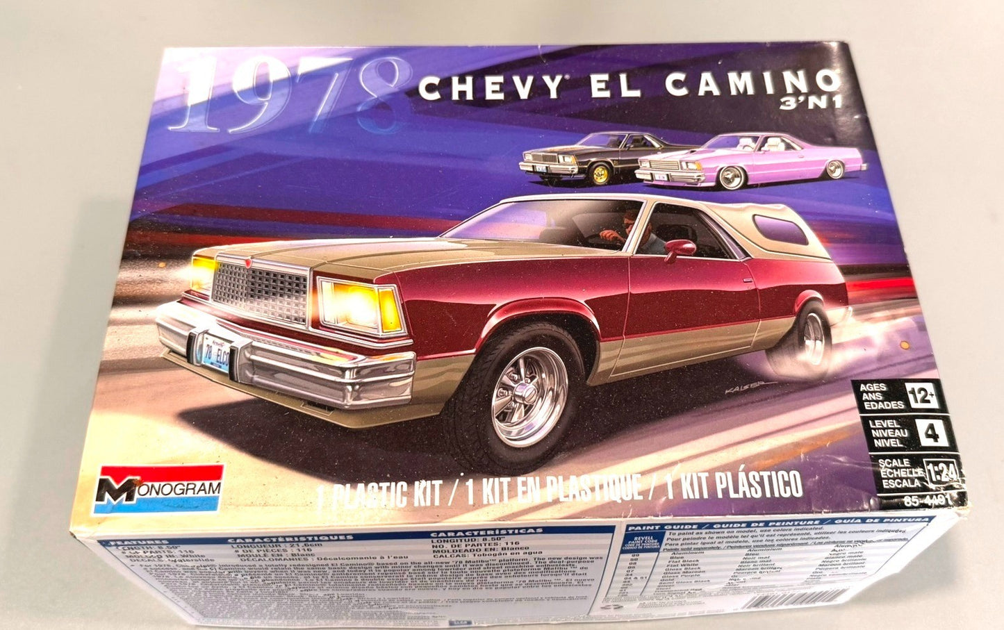 MONOGRAM. 1978 CHEVY EL CAMINO 3'N1. 1/24 SCALE. PLASTIC MODEL KIT. 85-4491