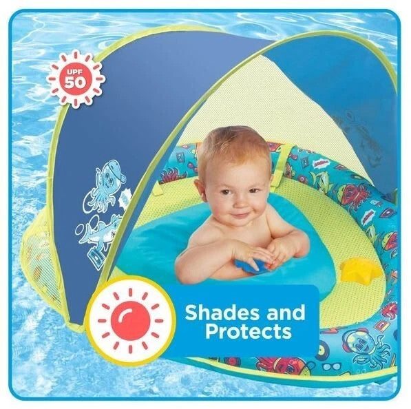 Swim School Grow-With-Me Baby Boat Pool Toy Blue Shark Adjustable w Canopy