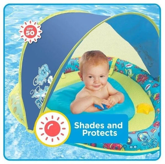 Swim School Grow-With-Me Baby Boat Pool Toy Blue Shark Adjustable w Canopy