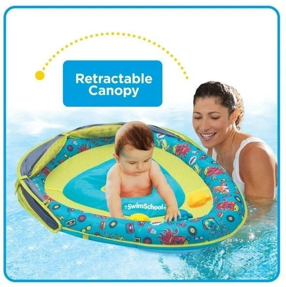 Swim School Grow-With-Me Baby Boat Pool Toy Blue Shark Adjustable w Canopy