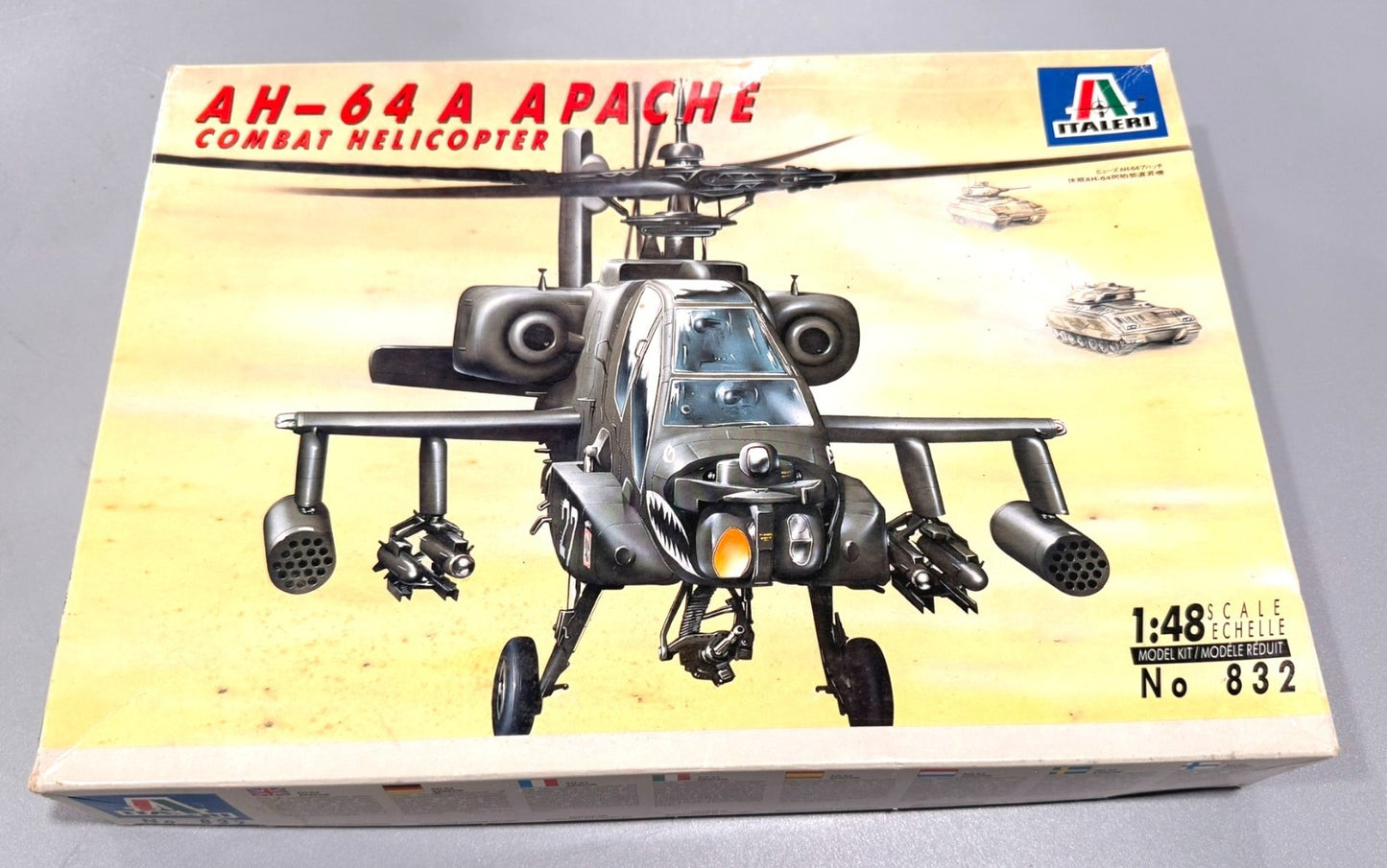 ITALERI. AH-64A APACHE. COMBAT HELICOPTER. 1/48 SCALE. MODEL KIT. No. 832.
