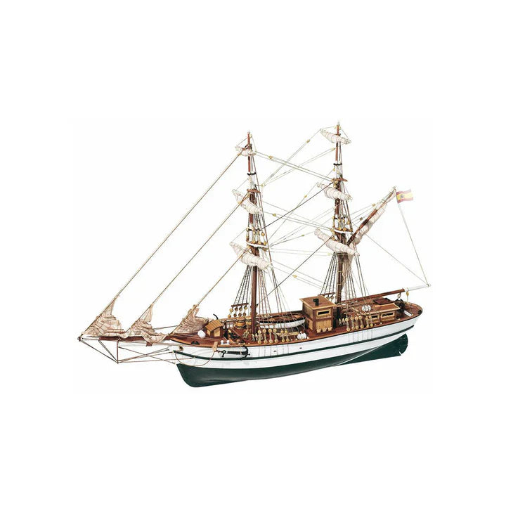 OcCre 13001 Aurora wooden ship model kit, 1:65 scale, showing the completed historic sailing vessel with two masts, detailed rigging, bowsprit, and green-and-white hull.