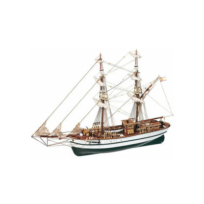 OcCre 13001 Aurora wooden ship model kit, 1:65 scale, showing the completed historic sailing vessel with two masts, detailed rigging, bowsprit, and green-and-white hull.