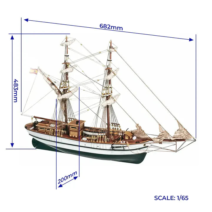 OcCre Aurora 1:65 scale model ship measurements diagram