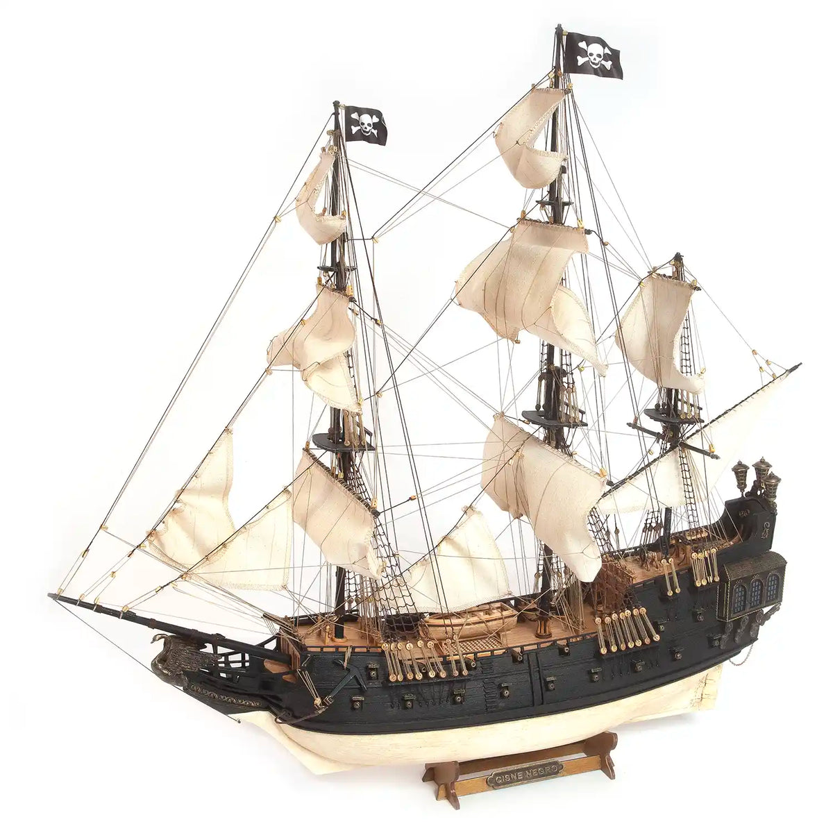 OcCre The Black Swan wooden pirate ship model kit, 1:75 scale (12012), showing the completed sailing vessel with black hull, decorative stern, sails and rigging.