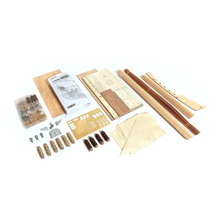 OcCre Black Swan 12012 wooden pirate ship model kit components showing wooden construction pieces, fittings and model building materials.