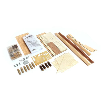 OcCre Black Swan 12012 wooden pirate ship model kit components showing wooden construction pieces, fittings and model building materials.