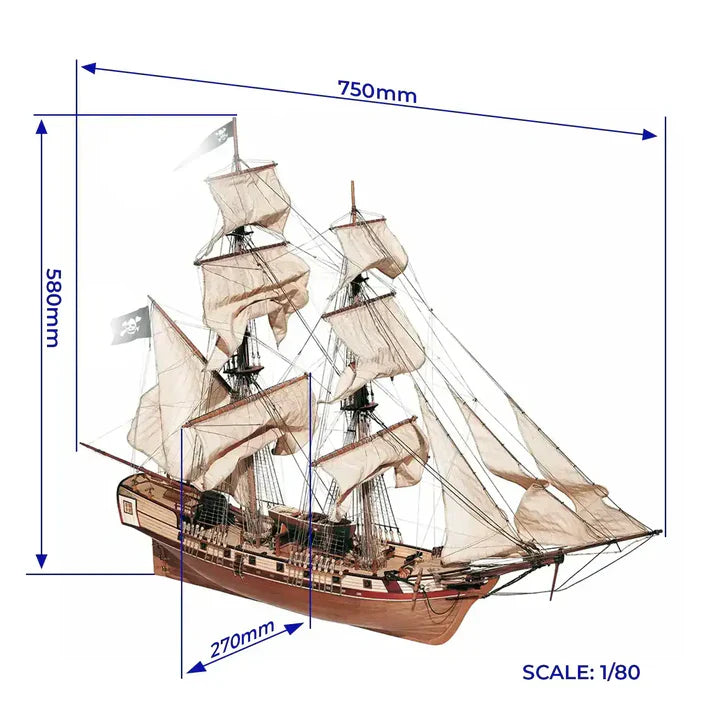 OcCre Corsair 1:80 scale wooden ship model dimensions diagram