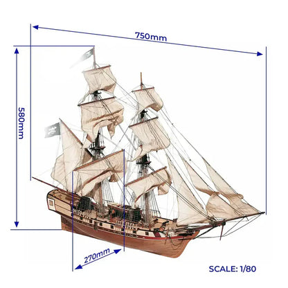 OcCre Corsair 1:80 scale wooden ship model dimensions diagram