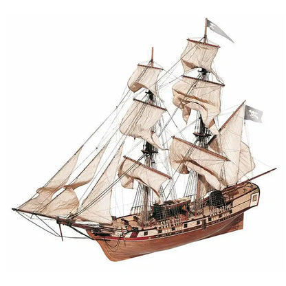 Side view of OcCre Corsair wooden sailing ship model with sails and rigging
