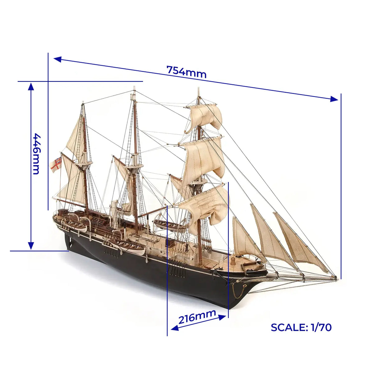 OcCre HMS Endurance 12008 wooden ship model kit, 1:70 scale, showing the completed model with dimensional measurements and detailed rigging.