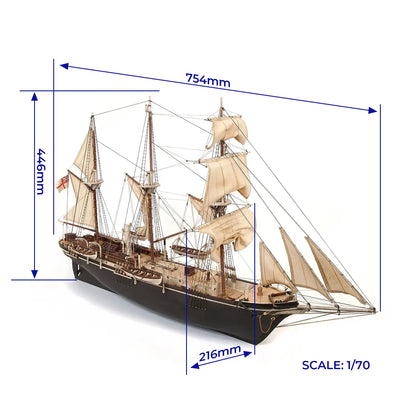 OcCre HMS Endurance 12008 wooden ship model kit, 1:70 scale, showing the completed model with dimensional measurements and detailed rigging.