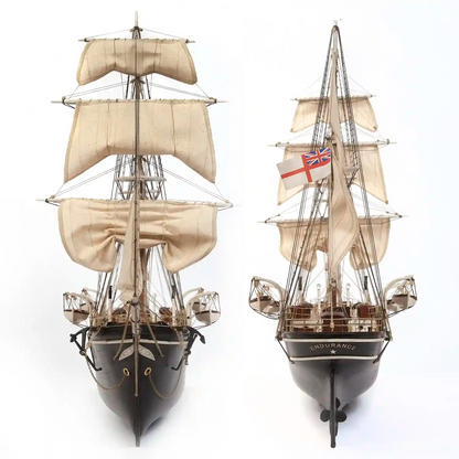 Front and rear views of the OcCre HMS Endurance 1:70 scale wooden ship model showing the vessel's hull shape, masts, sails, and detailed rigging.