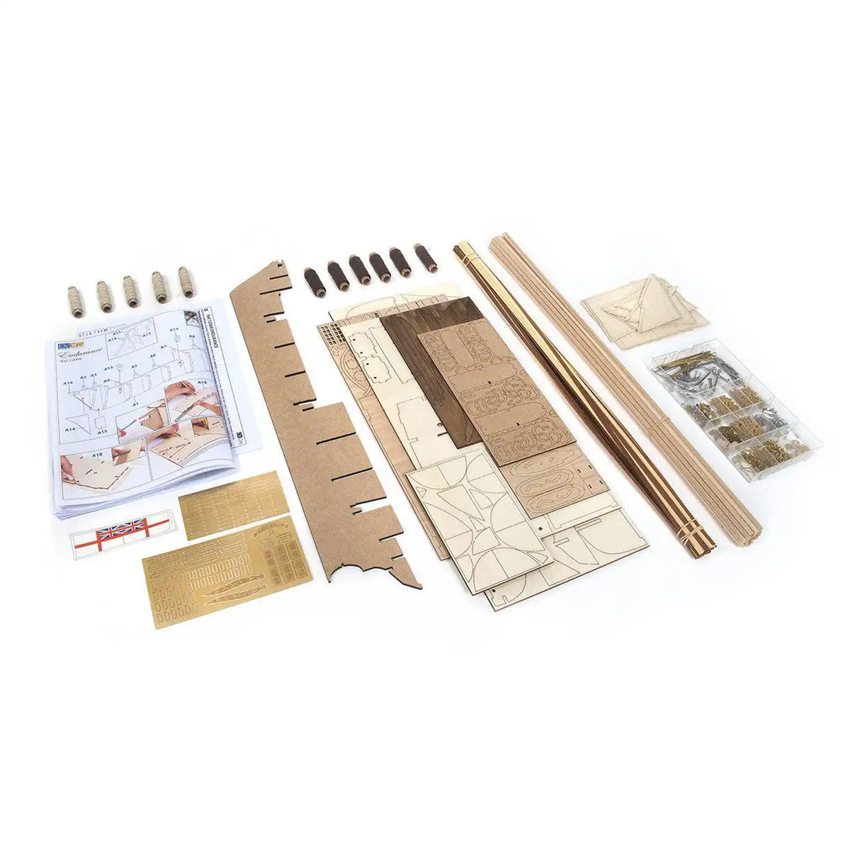 OcCre HMS Endurance 12008 wooden ship model kit components showing precut wooden sheets, construction materials, fittings, and assembly documentation.