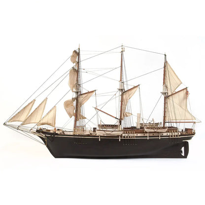 OcCre HMS Endurance 12008 wooden ship model kit, 1:70 scale, showing the completed Antarctic exploration vessel with three masts, sails, detailed hull and rigging.