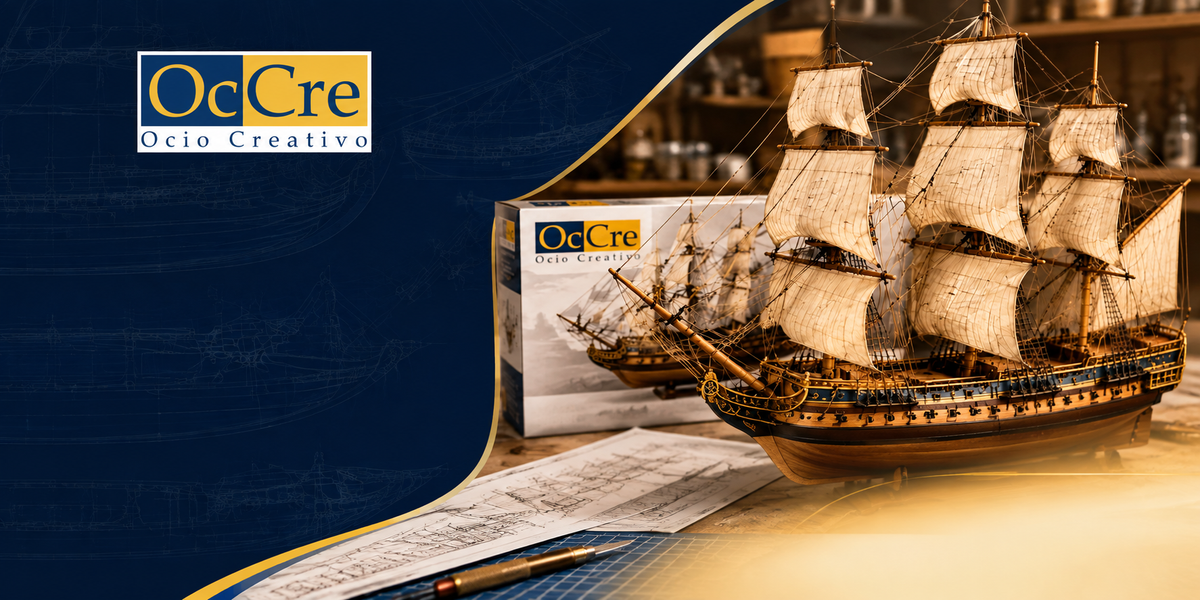 OcCre wooden ship model kit with detailed sailing ship, kit box and model building workspace.